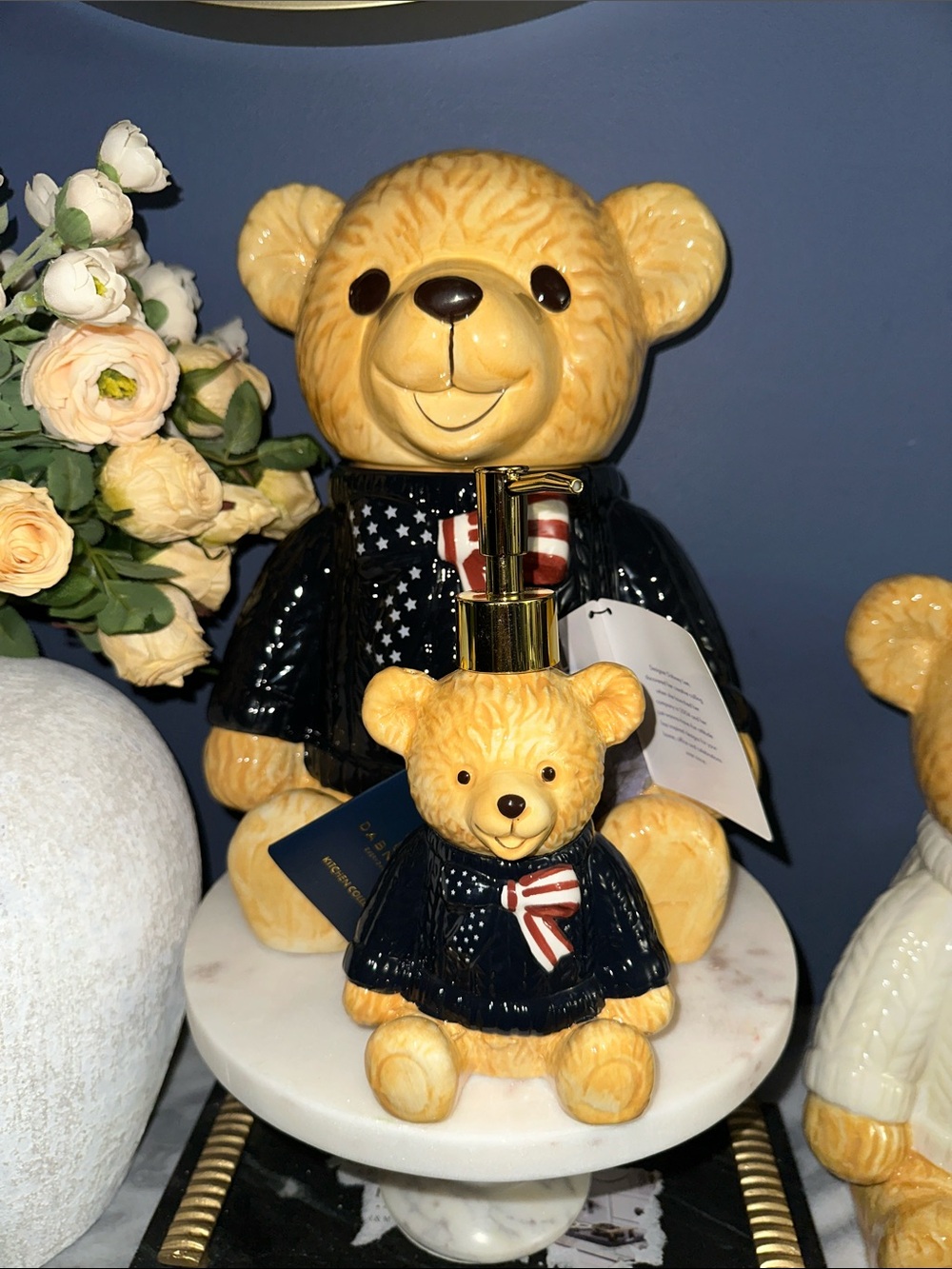 Patriotic Ceramic Bear Hand Soap Dispenser in Yellow and Navy
